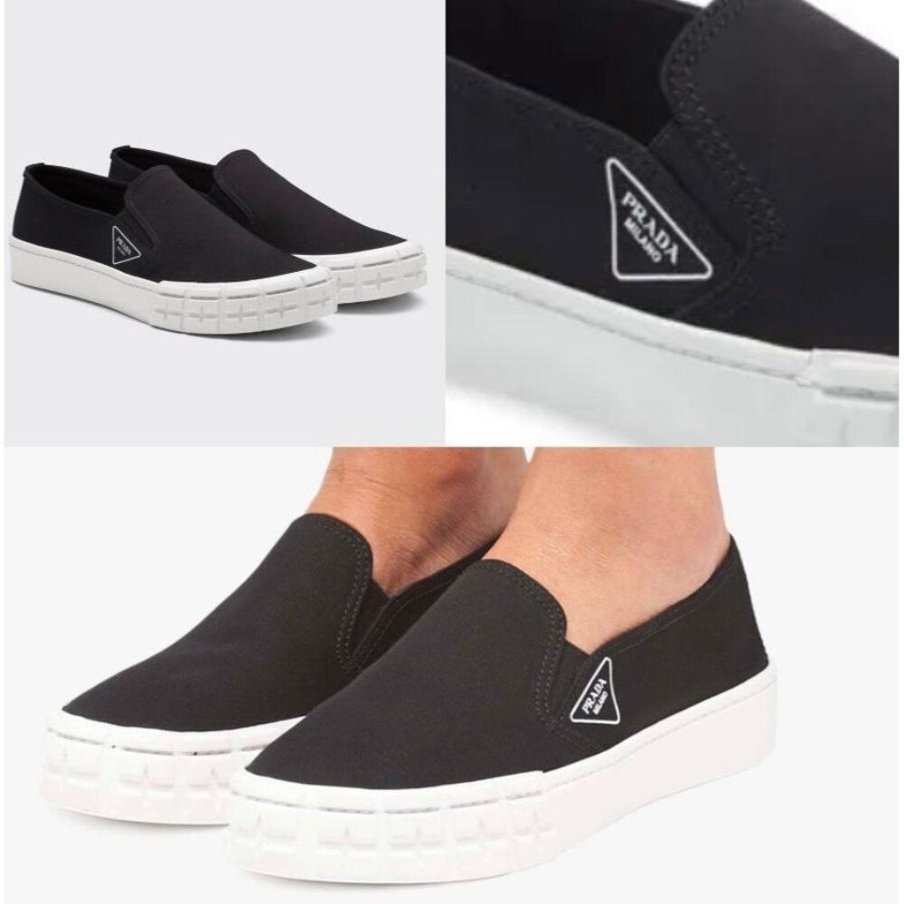 Authentic PRADA Cassetta Wheels Black 'Prada' Logo Platform Sneakers Size EU38